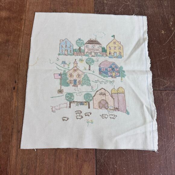 Vintage Cross Stitch Pastel Farm Scene Nursery Decor COMPLETE Ready to Frame - Picture 4 of 6